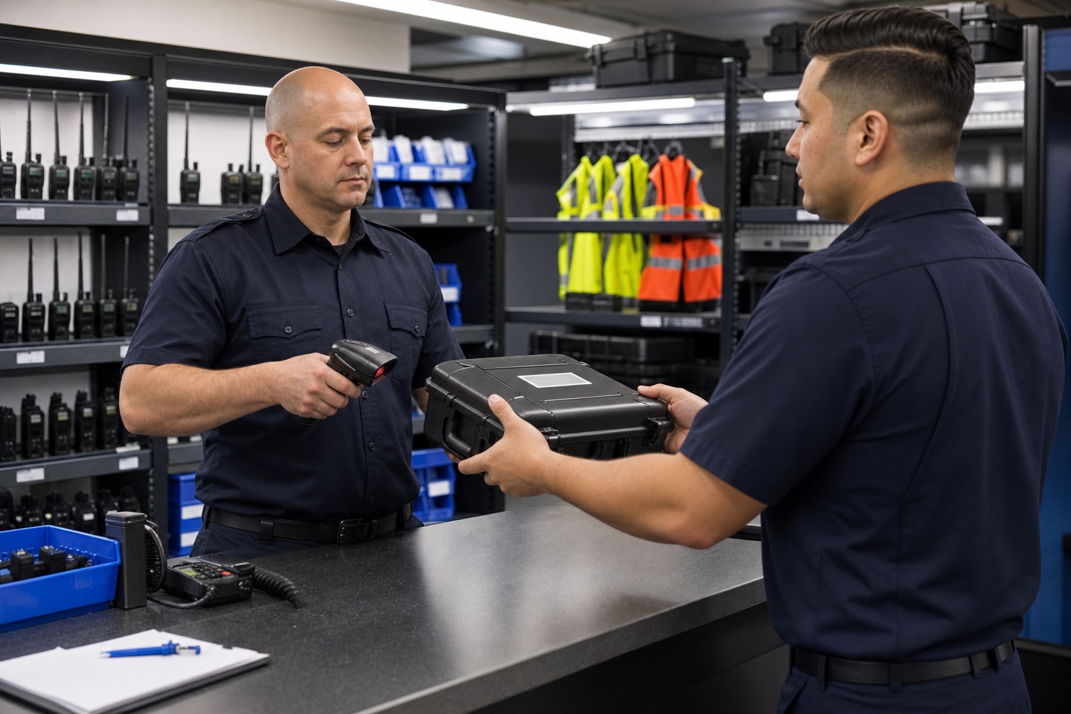 Public-safety quartermaster scanning equipment during an accountable handoff