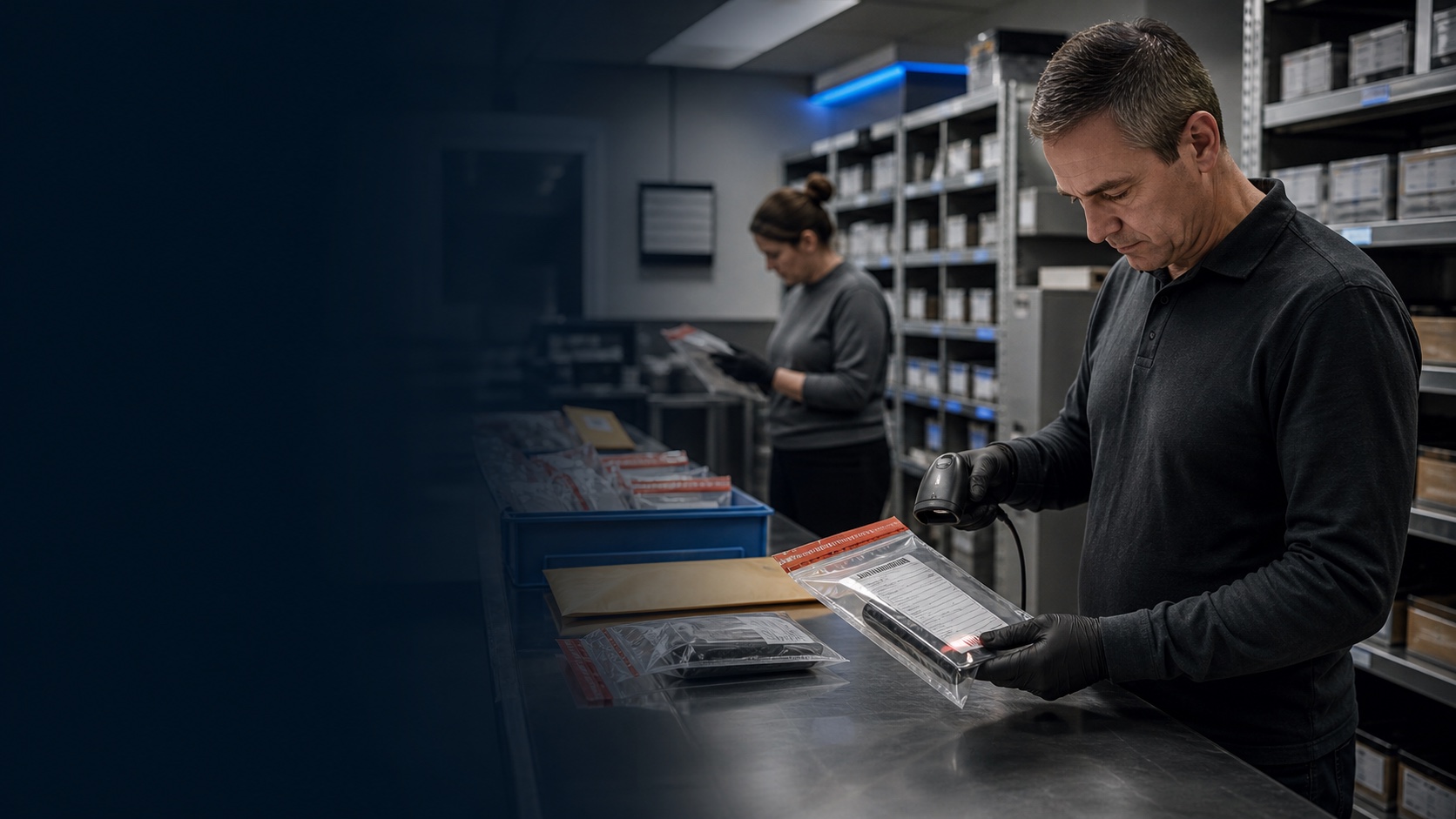 Evidence custodian scanning a sealed evidence package in a secure evidence room
